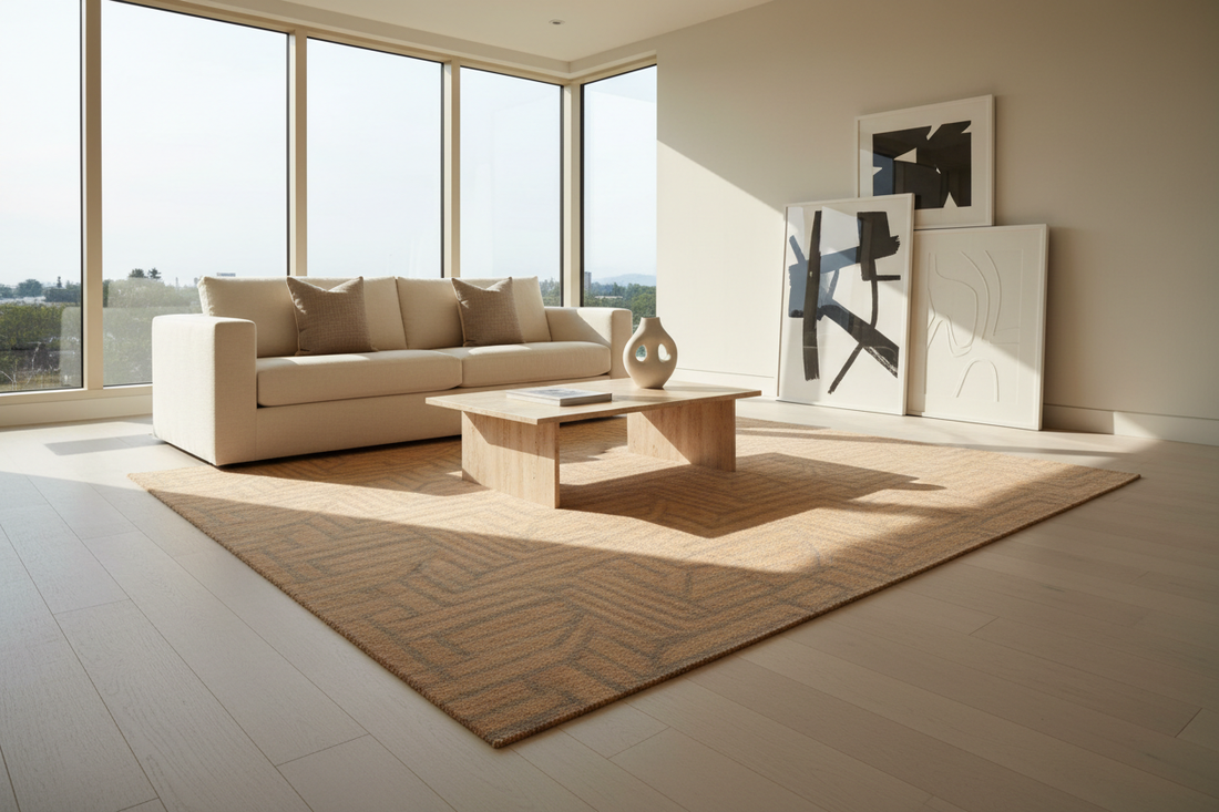 Neutral-toned handmade rug in a modern living room styled to look timeless