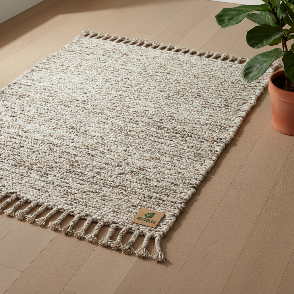 Eco friendly and recycled rugs made from natural fibers in neutral tones.