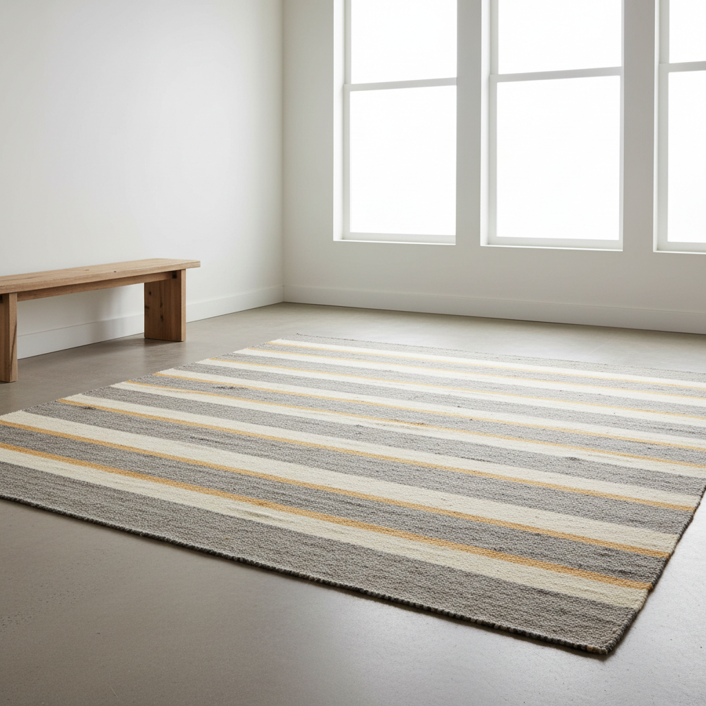 Handmade flatweave rug in natural fibres, flat-woven in earthy neutral tones, styled on a floor