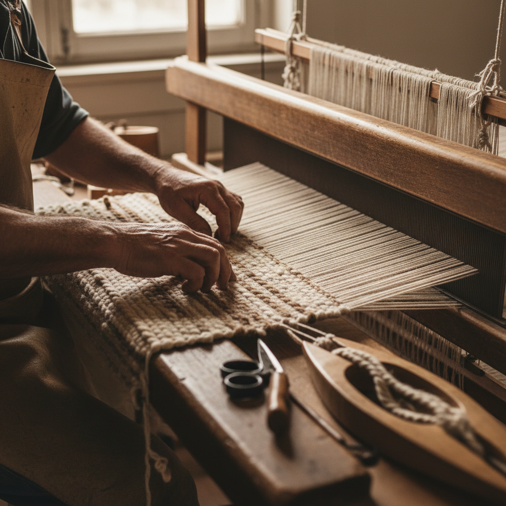 Handmade rugs in natural fibers, crafted by artisans, displayed in contemporary and neutral interior settings.