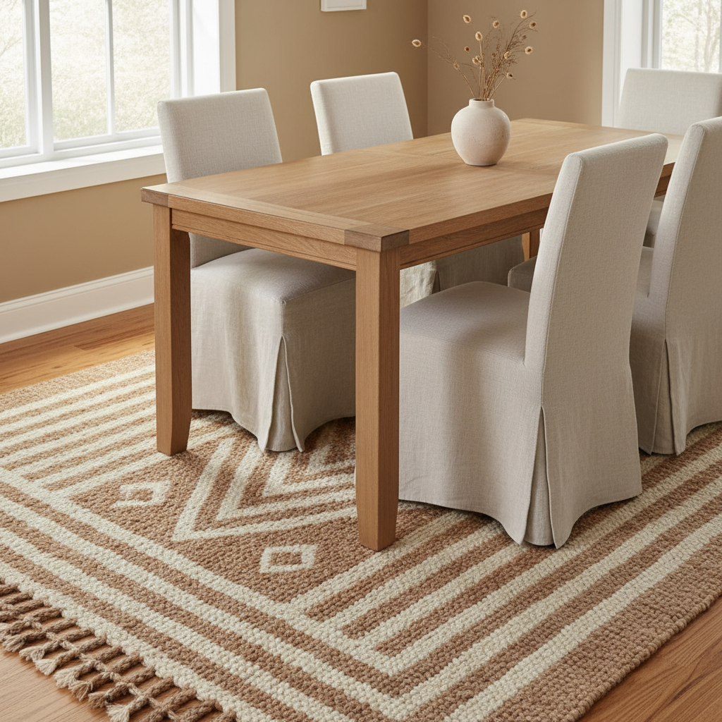 A handmade wool area rug in a neutral ivory or beige tone, suitable for a lounge or dining room, shown in a calm interior setting