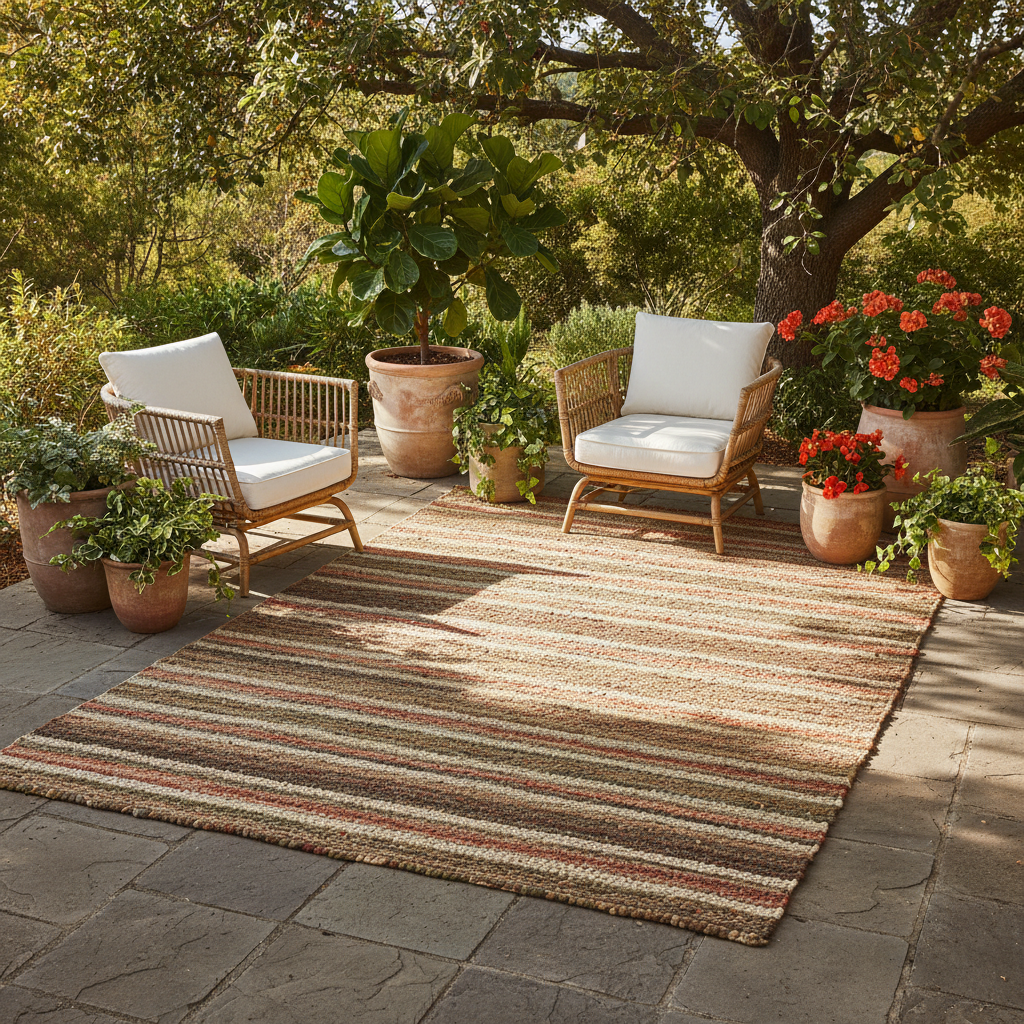 Handwoven outdoor rug in neutral tones, designed for premium patios or decks.