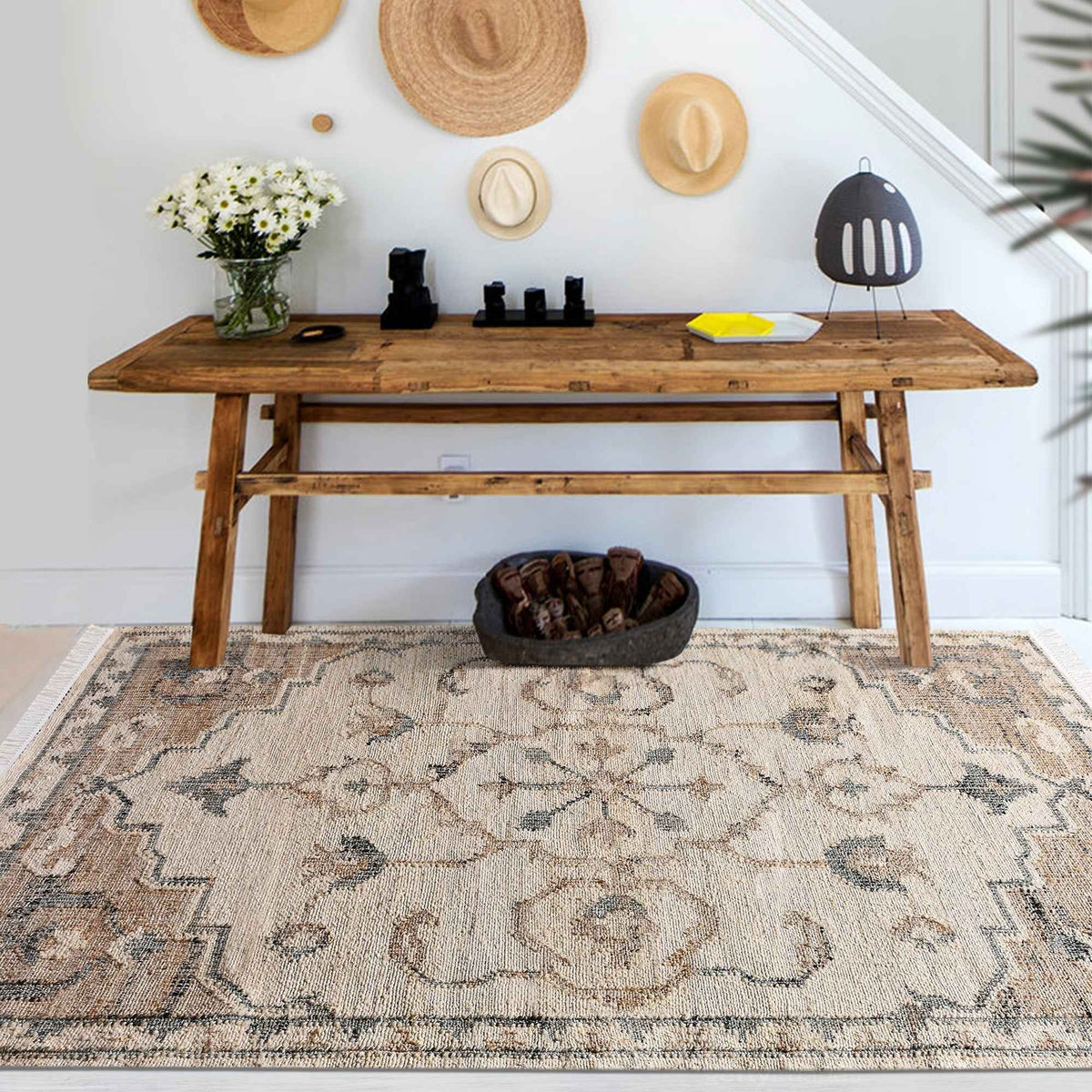 Monolith & Heart Amroha Punja Hand-Woven Hemp & Wool Rug, Natural & Sage