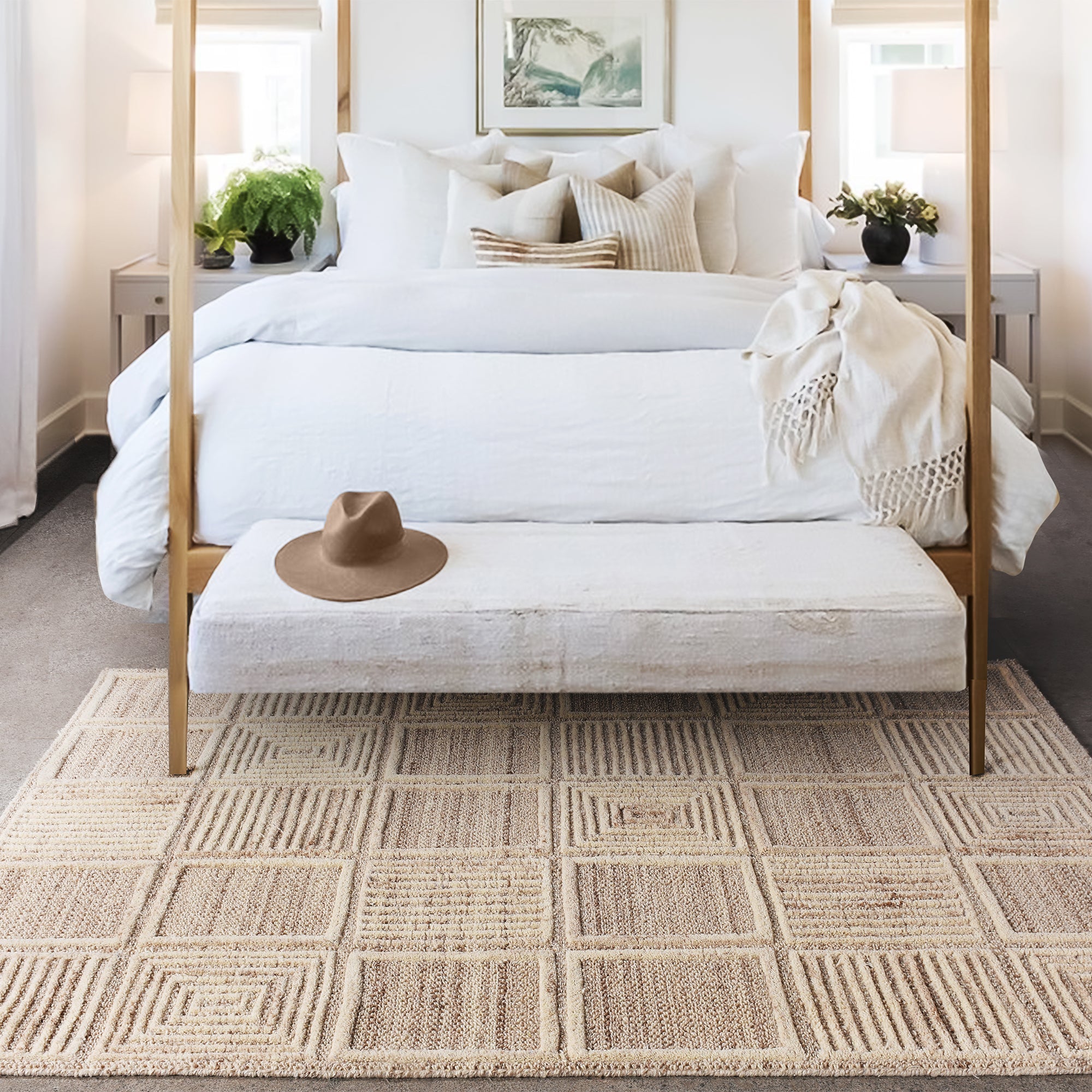 Area Rug, Bedroom Rug, Living Room Rug, Living Area Rug, Indian Rug, Office Carpet, Office Rug, Shop Rug Online, Wool, Natural White, Beige, Hand woven, Cut And Loop, geometric