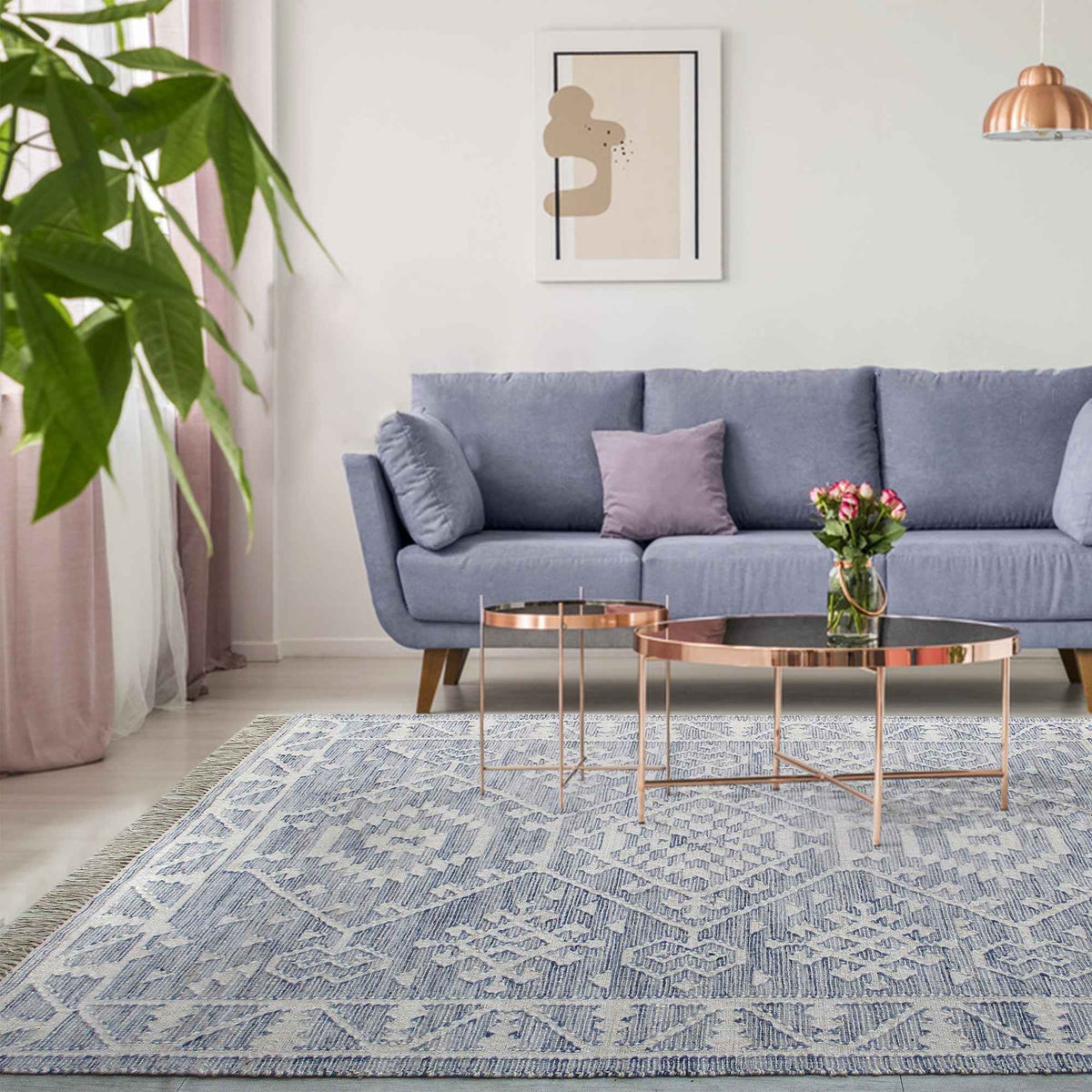 Monolith & Heart Bertin-III Punja Hand-Woven Hemp & Wool Rug, Blue & Natural White