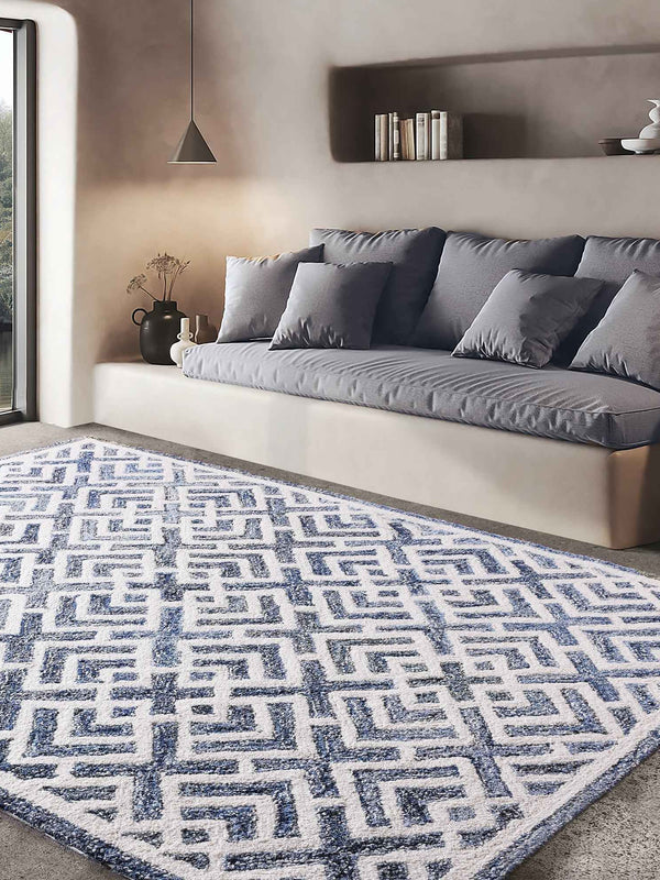BOESMAN-III RUG - BLUE/IVORY - HAND TUFTED - COTTON DENIM/WOOL