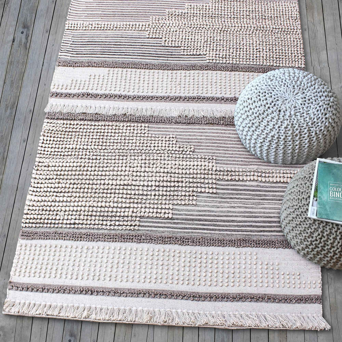Monolith & Heart Cabalian Hand-Woven Wool, Cotton & Recycled PET Rug, Natural White, Beige & Grey