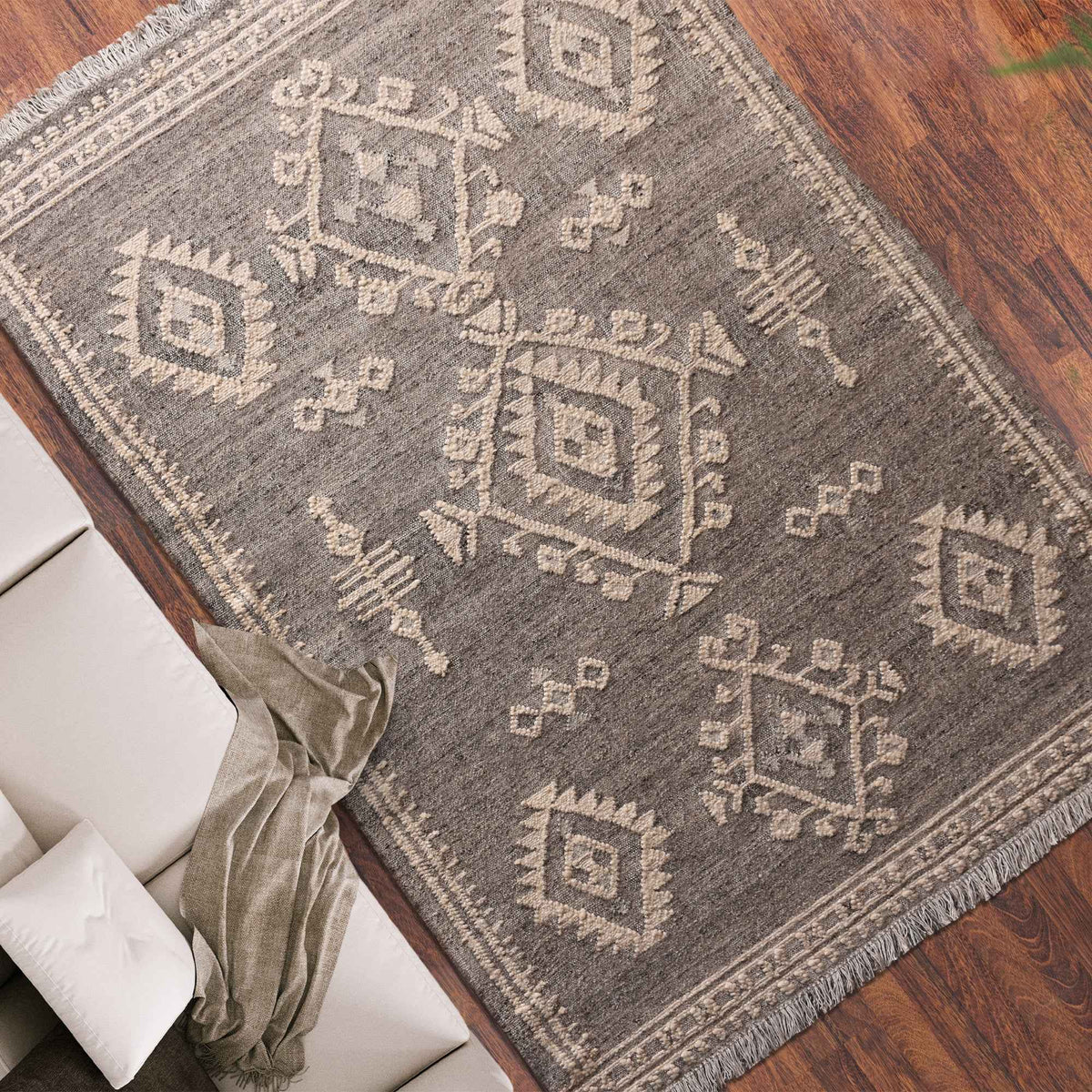 Monolith & Heart Kaladar Punja Kelim Wool Rug, Grey & Natural White