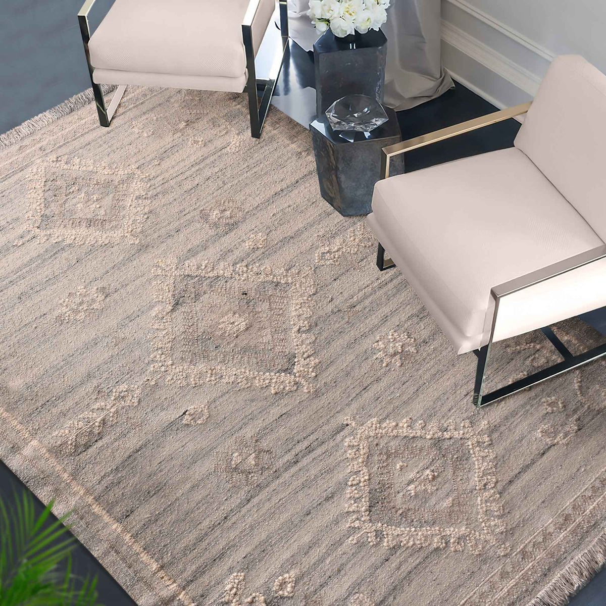 Monolith & Heart Leicester Punja Kelim Wool Rug, Silver & Natural White