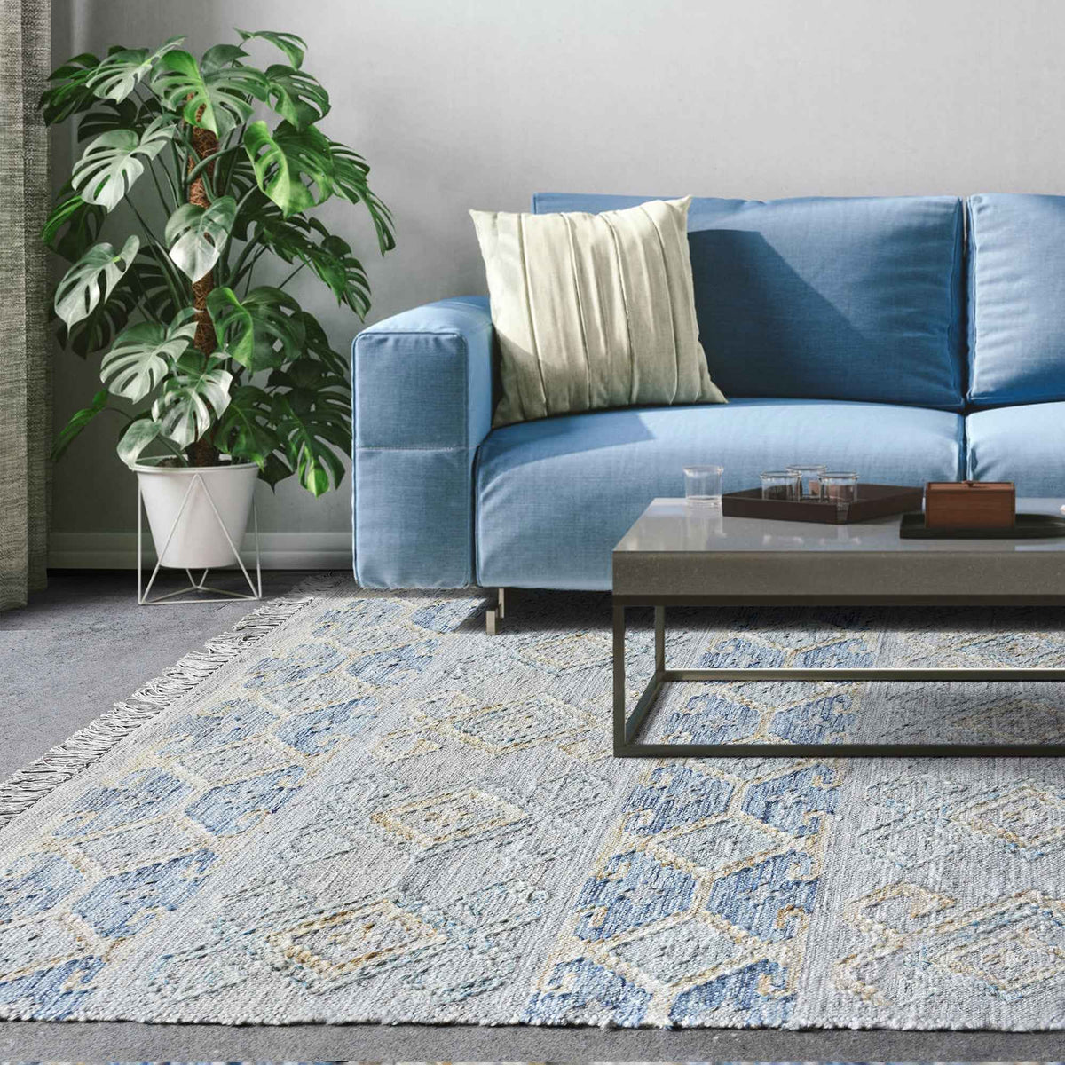Monolith & Heart Pariso Hand-Woven Jute & Wool Rug, Beige & Blue