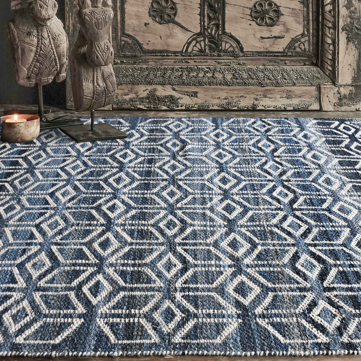 Monolith & Heart Eixample Jacquard-Woven Recycled Denim & Wool Rug, Blue
